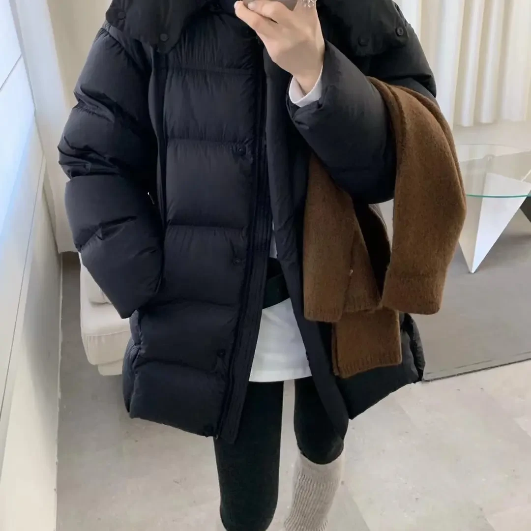 SHANG韩系连帽加厚白鸭绒中长款保暖百搭泡芙羽绒外套