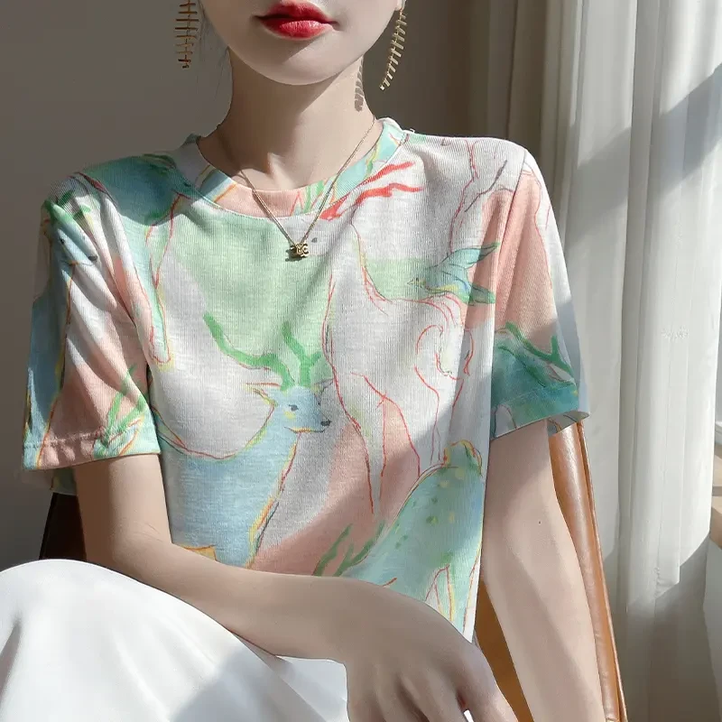 【海外订单】5A莱赛尔天丝国风水墨印花短袖女宽松薄款T恤百搭短袖