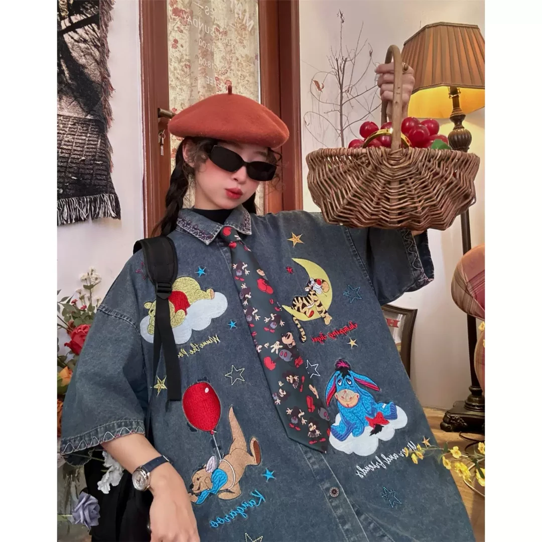 C2自制/美式古着vintage半袖衬衣女夏季重工卡通刺绣洗水牛仔衬衫