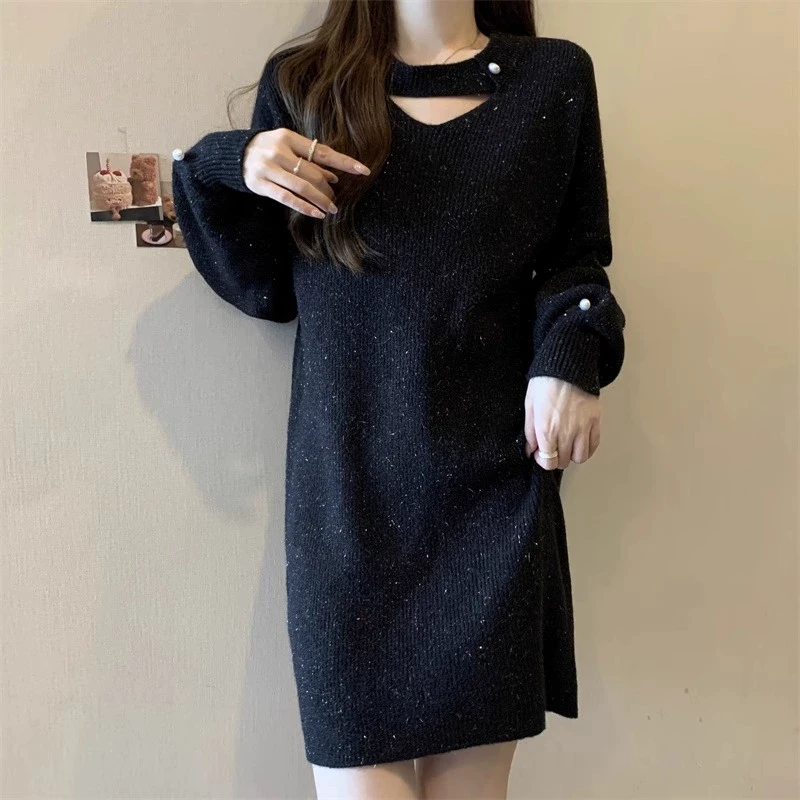 【新年穿搭】微胖妹妹大码亮丝针织裙女内搭中长款打底毛衣连衣裙潮