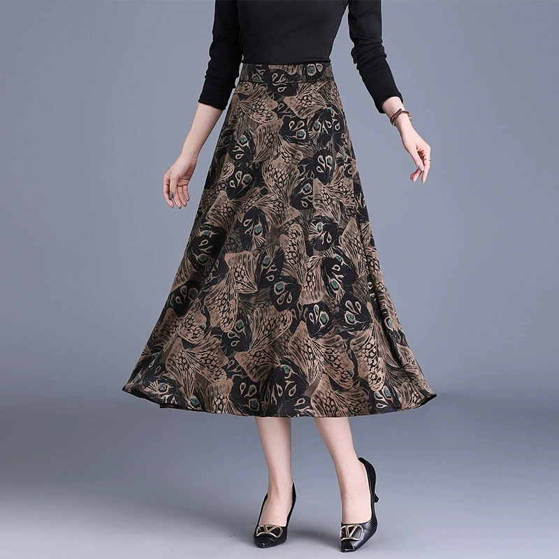 半身裙2025春季新款垂感印花高腰中长款显瘦大摆洋气妈妈装a字裙
