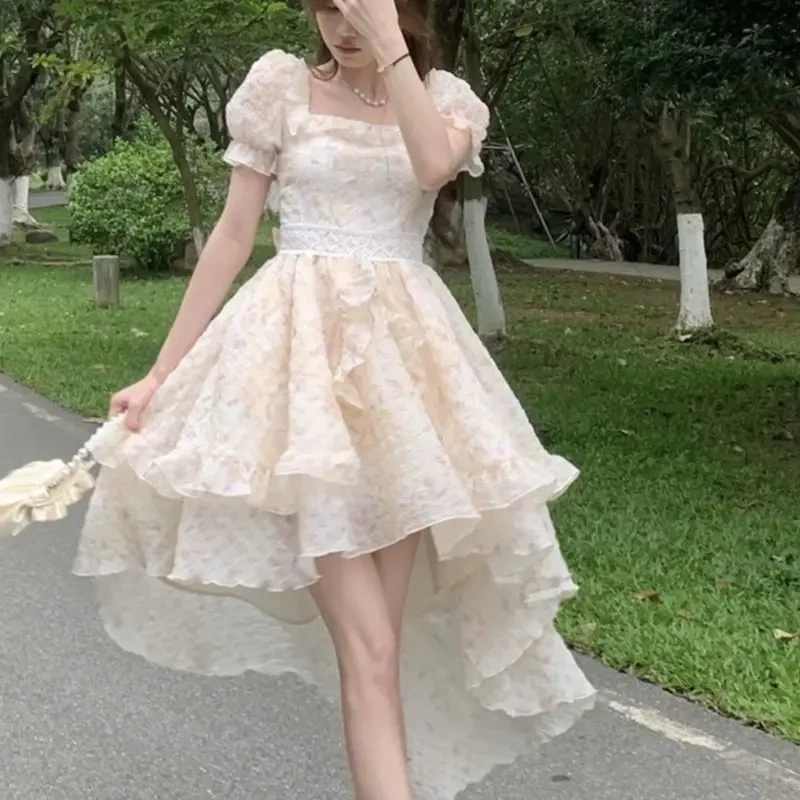 婷婷子定制【在逃公主】胖mm法式纯欲甜美方领连衣裙大码收腰拖尾裙