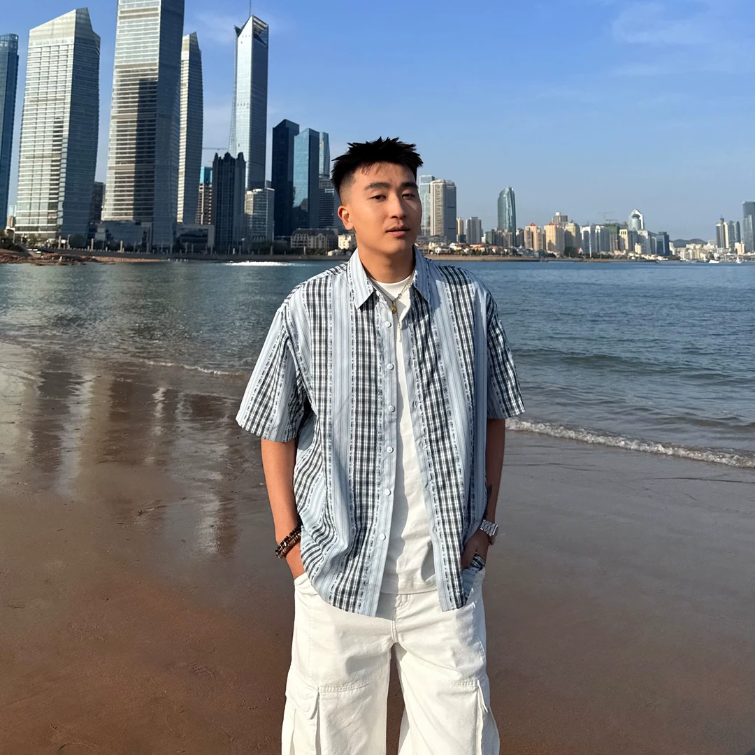 SANBAI 叁佰【海滨城市】复古慵懒风格纹条纹宽松短袖衬衫