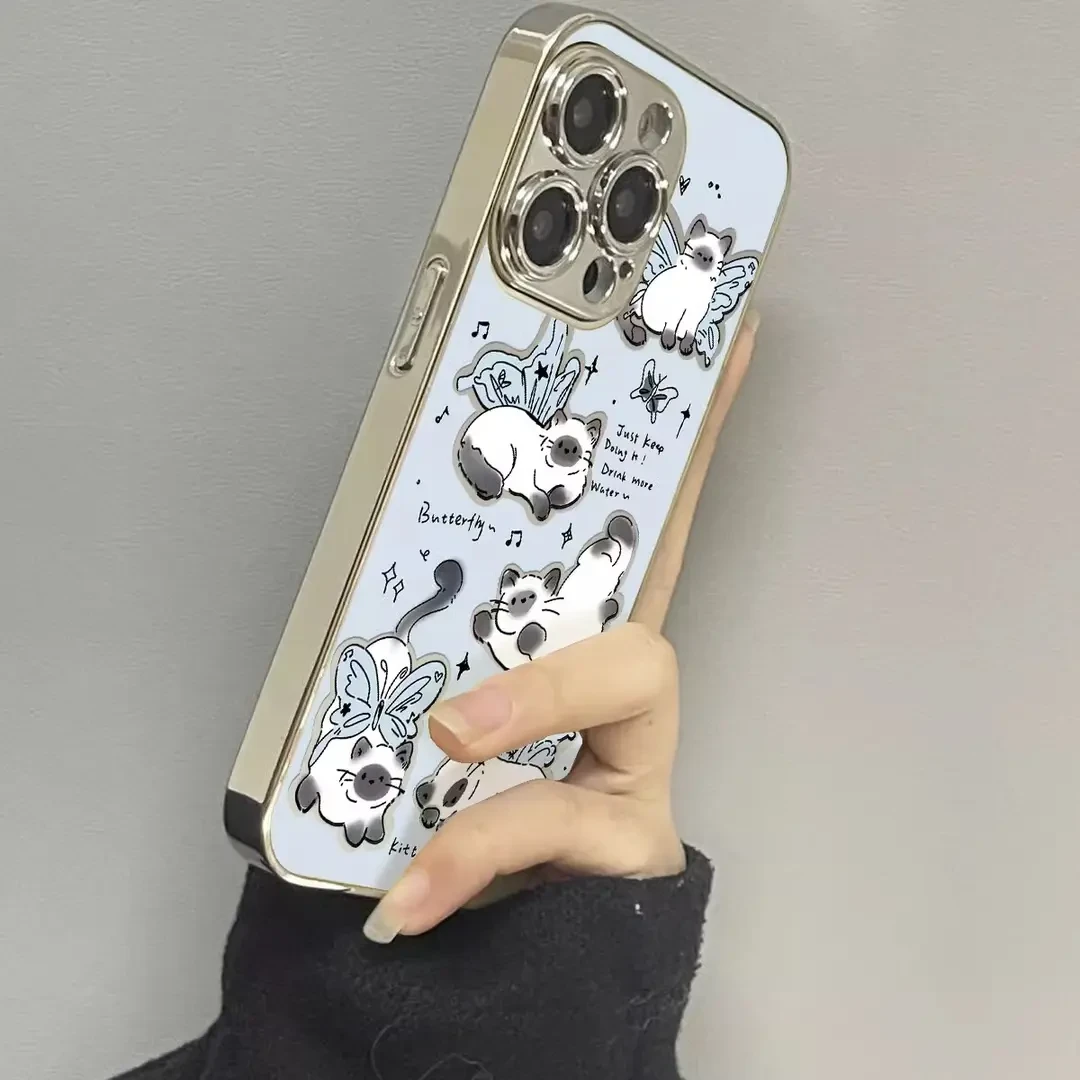 适用蝴蝶猫咪苹果16promax手机壳电镀镜面iphone15pro防摔情侣款