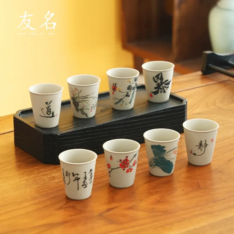 复古陶瓷老陶泥蜻蜓红梅主人杯（8个装）茶杯品茗杯-4270