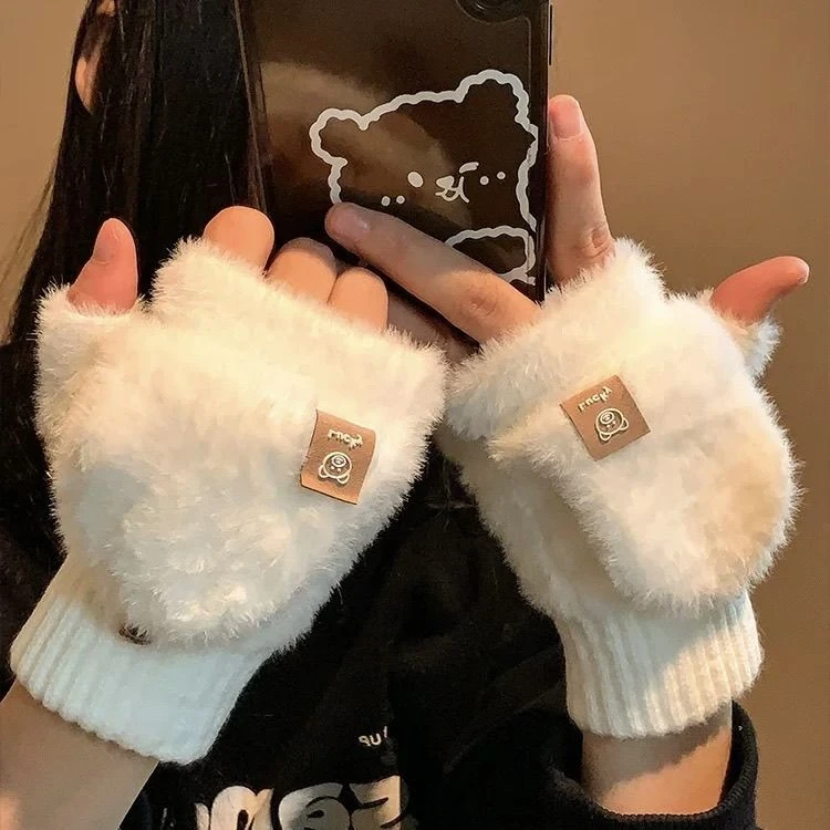 露指可翻盖半指白色毛绒手套女2025年秋冬季加厚保暖学生写字T