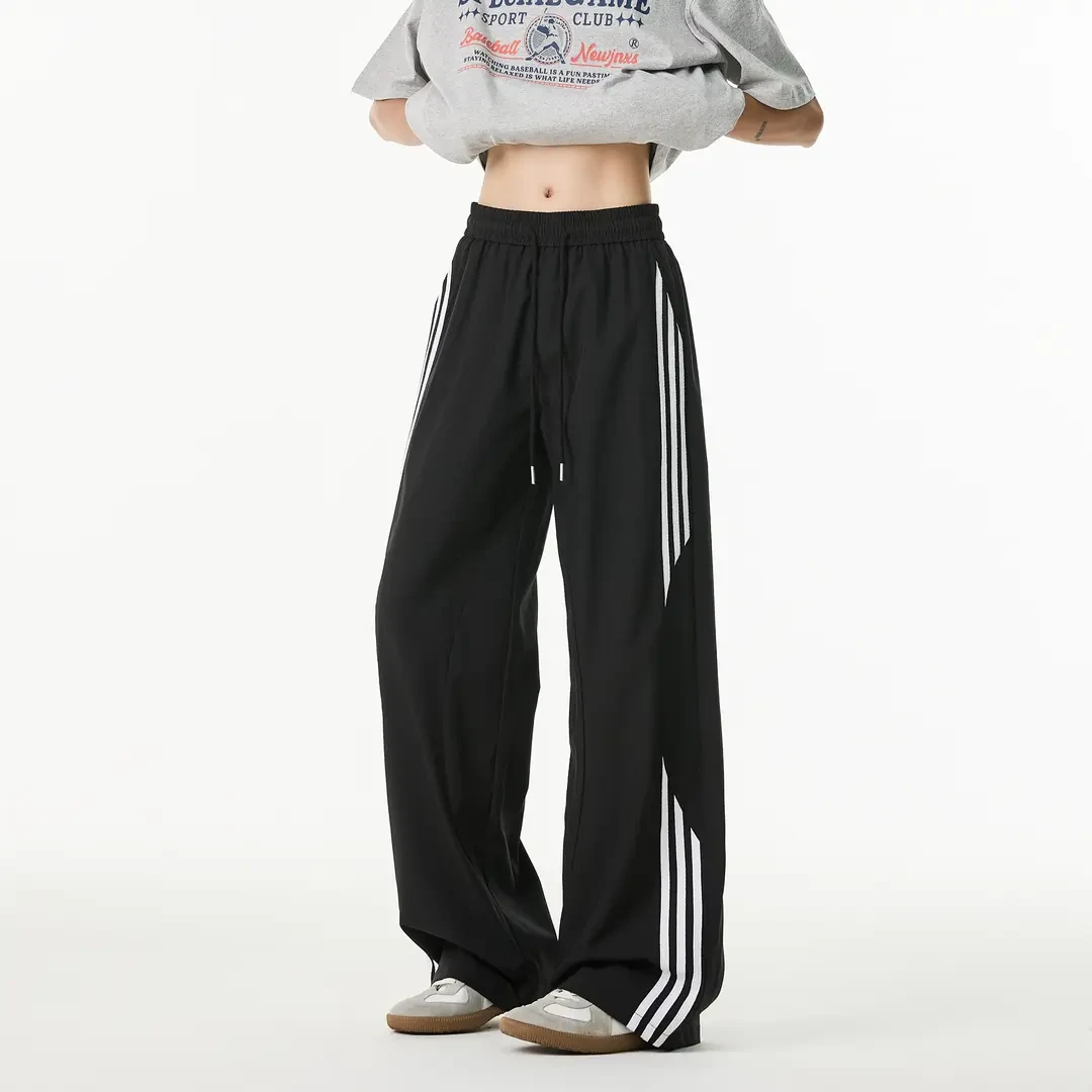 美式三条杠运动冰丝裤男女夏季cleanfit垂感阔腿裤潮牌宽松休闲裤