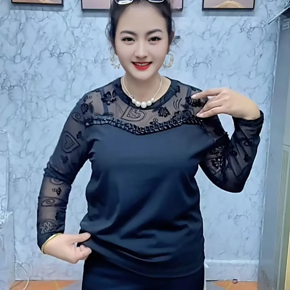 T恤拼接不起球女常规款修身型镂空圆领轻职风长袖