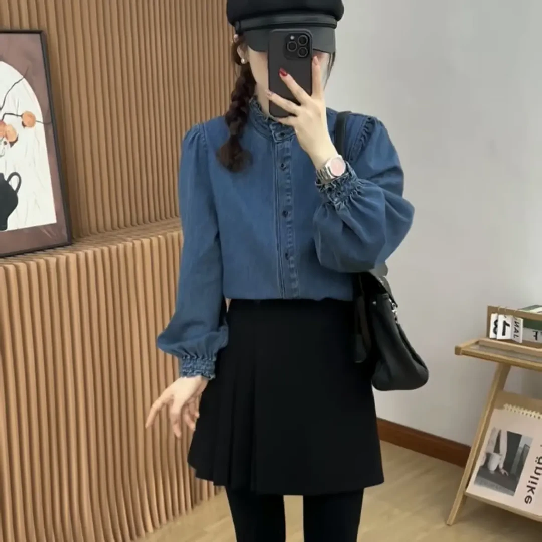 CHEN CHEN 法式秋季蓝色宽松长袖牛仔衬衫百搭上衣