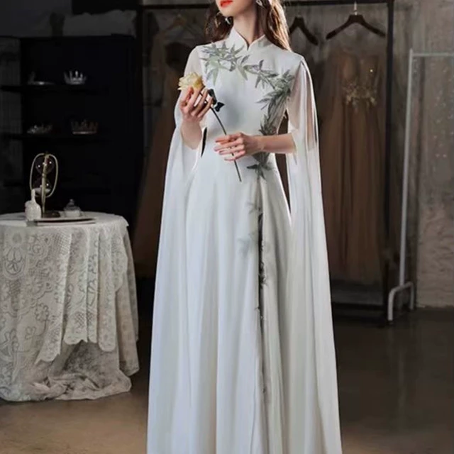 新中式晚礼服裙古筝演奏舞台演出服大合唱国风宴会主持人白色旗袍