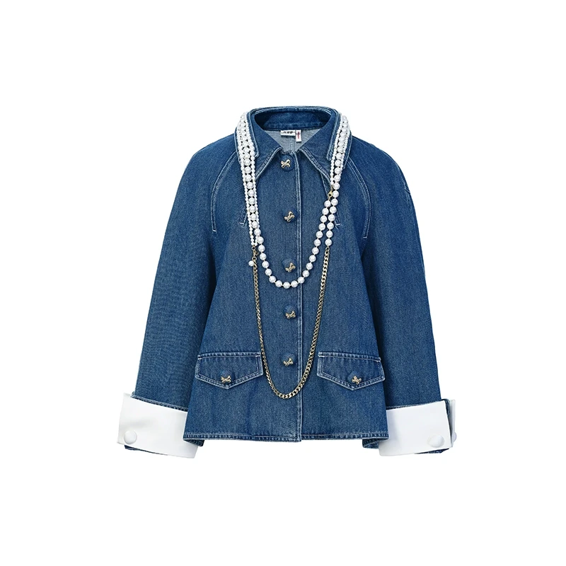 LeFame/拉飞姆25年春复古摩登珍珠链洗水牛仔短外套LF25C21NC032
