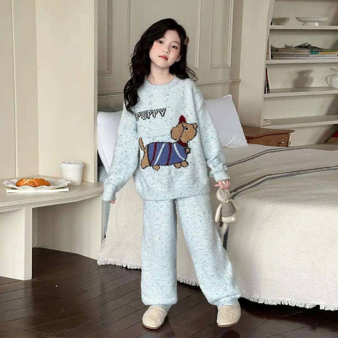 女童半边绒家居服柔软亲肤2025新款中大童甜美休闲毛绒睡衣两件套