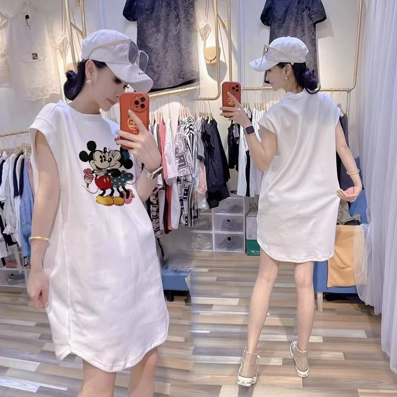 300斤夏季大码印花米奇图案百搭宽松中长款纯棉无袖坎肩T恤裙欧货