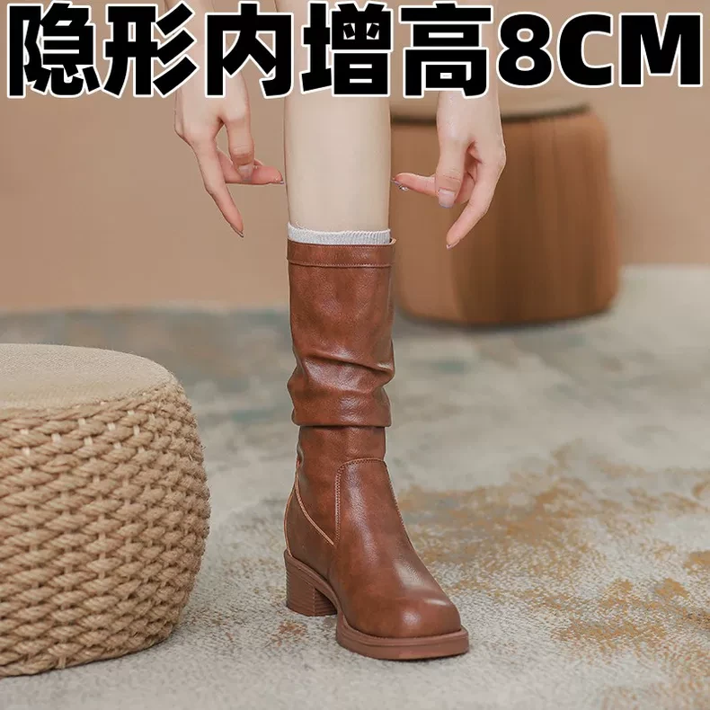 真皮靴子女中筒靴2025秋爆款长靴复古骑士靴高筒堆堆靴西部马丁靴