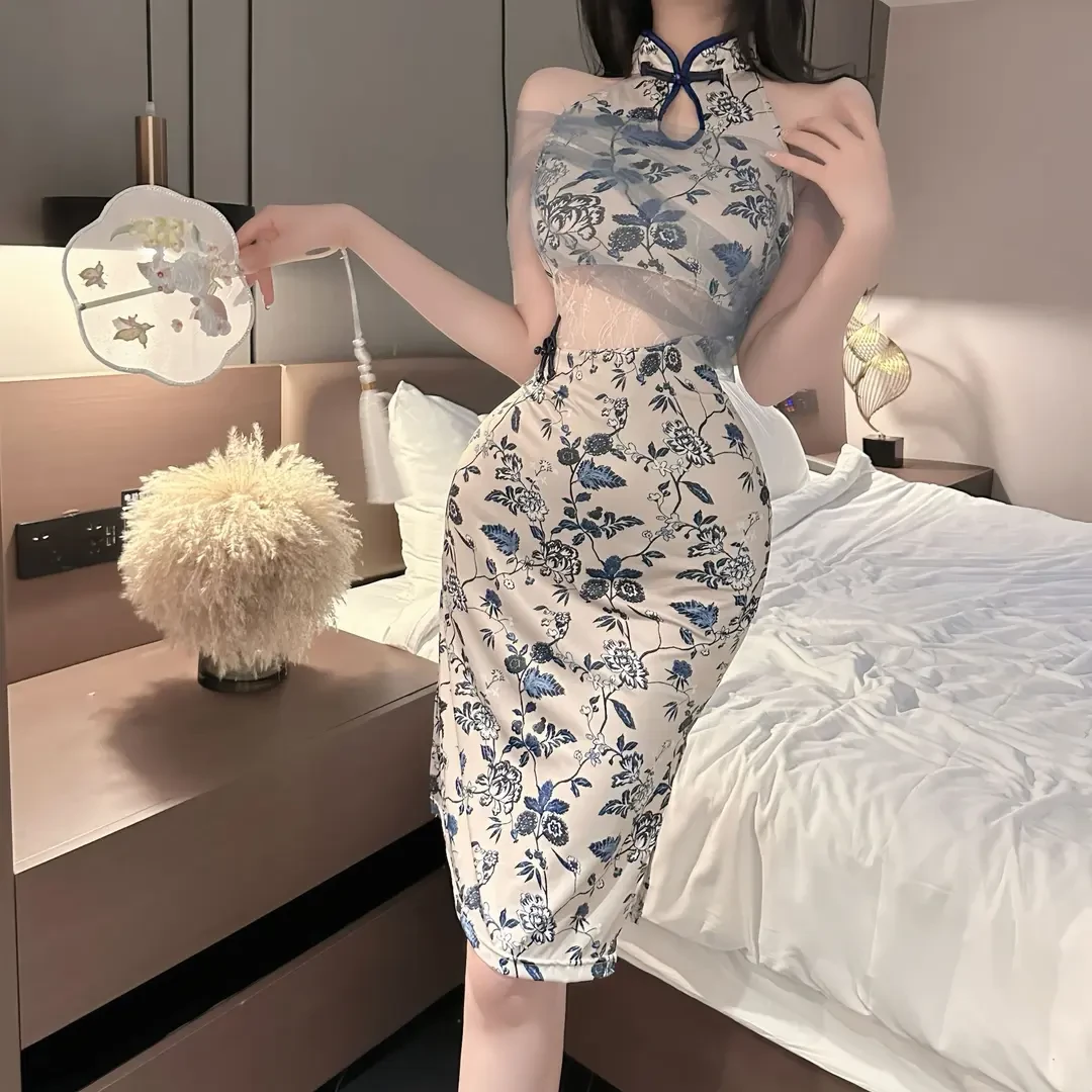 性感内衣印花连体气质旗袍夏季制服纯欲改良显瘦国风连衣裙睡衣