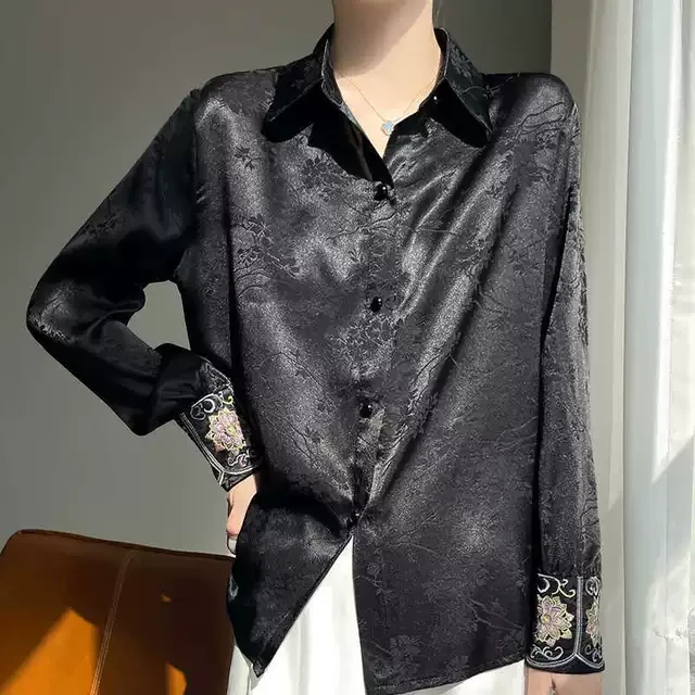 新中式国风衬衫上衣女2025年春季新款袖口撞色拼接刺绣提花上衣女