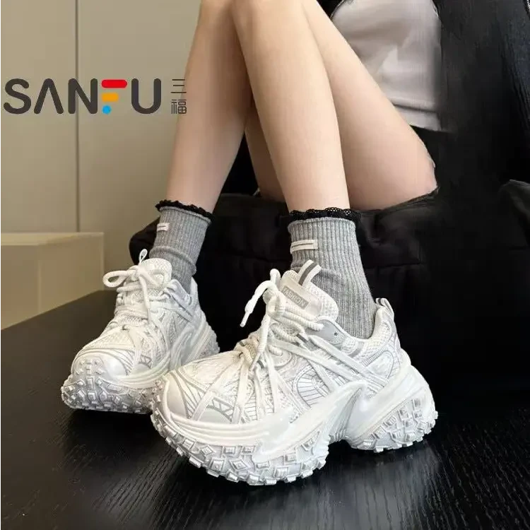 三福增高厚底老爹鞋女春季新款2025透气网面百搭时尚休闲鞋运动鞋