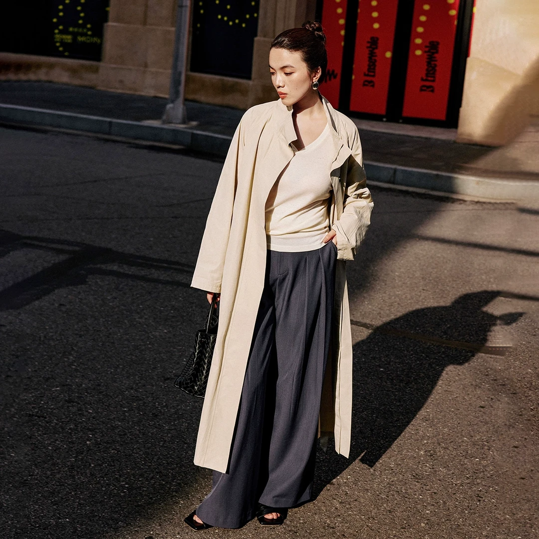 PLUSMALL 曼城记忆 混纺柔软慵懒复古长款风衣外套PLUS2408080