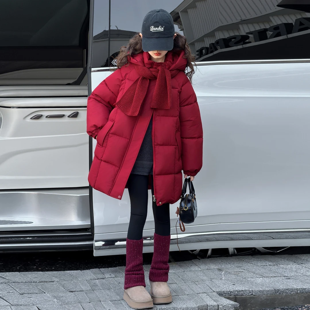 女童红色棉服中长款冬季2025新款儿童冬装本命年大童新年棉衣外套