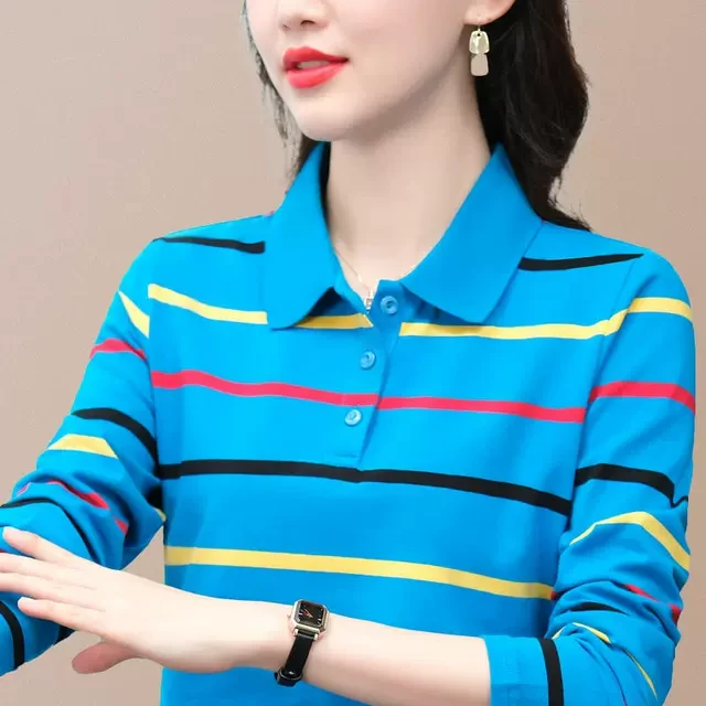 新奇鼠长袖t恤翻领女装秋装带领polo衫女运动上衣条纹中年妈妈装