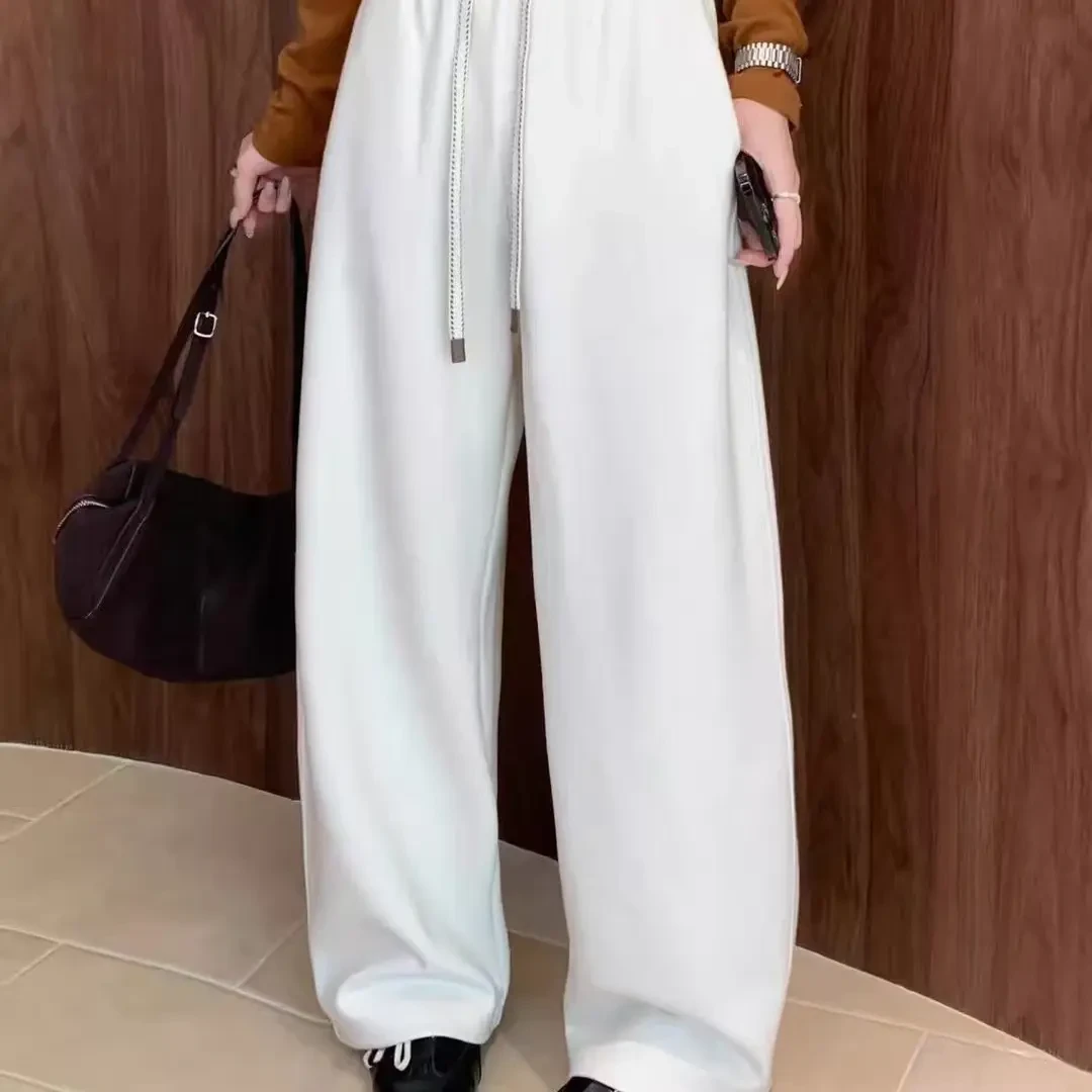 冬季加绒加厚保暖百搭窄版阔腿裤韩版休闲显瘦糯米裤羊绒拖地裤