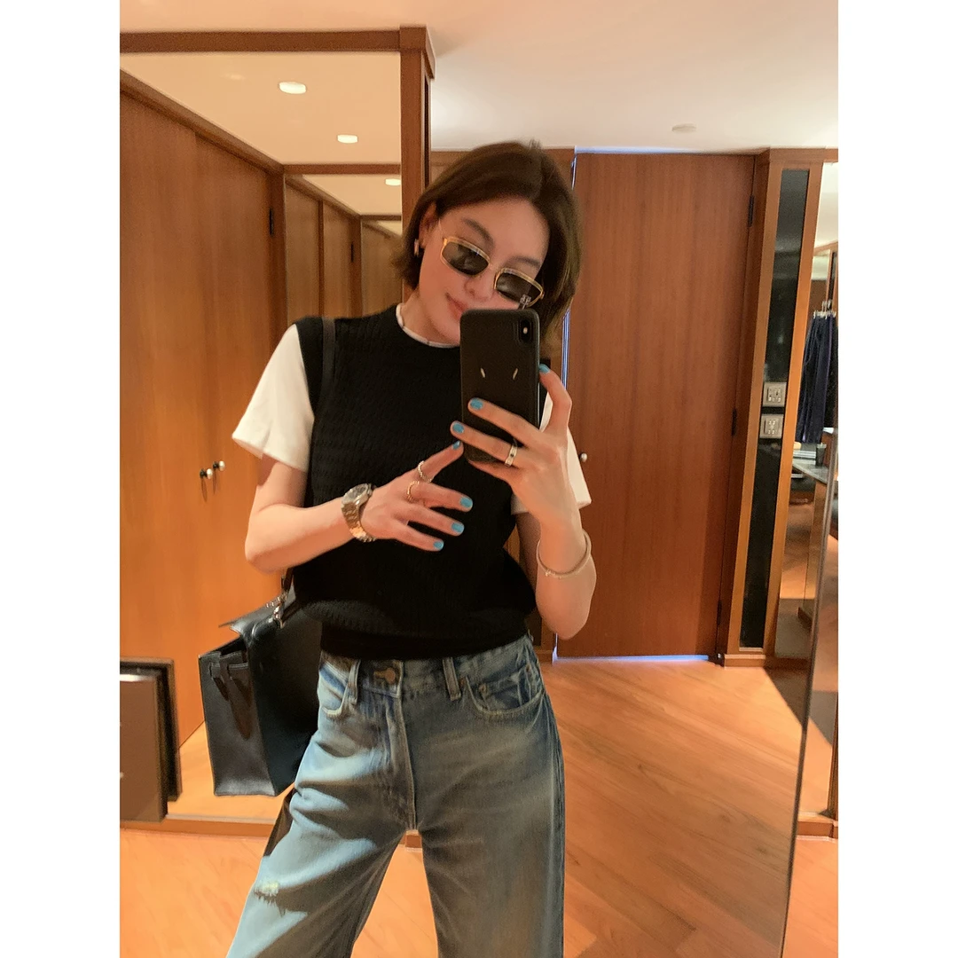 YANGLE_2025春季新款假两件短袖T恤女宽松撞色设计感显瘦针织上衣
