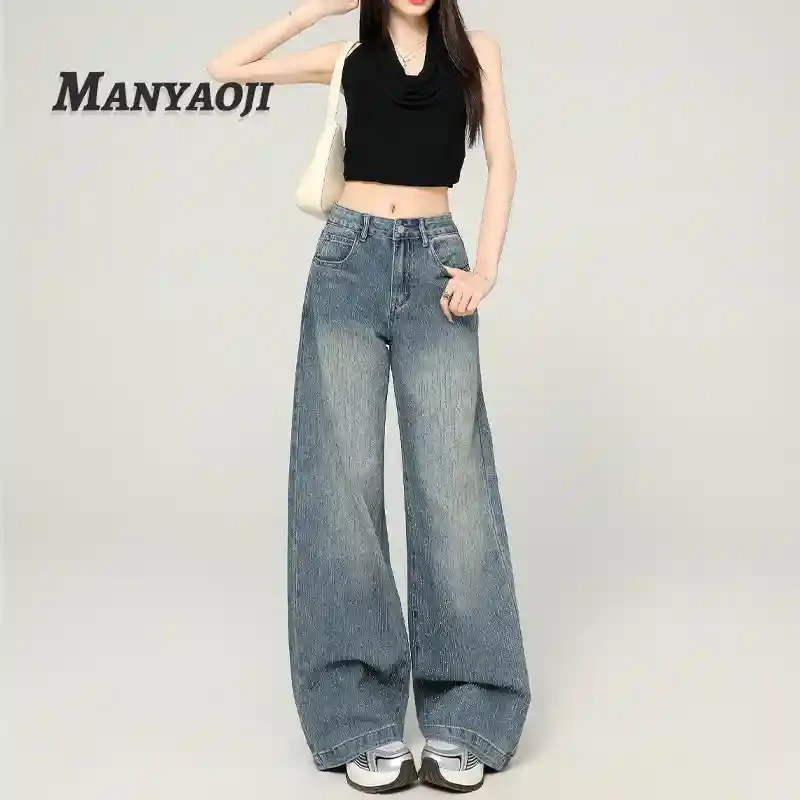 满天星河烫钻阔腿牛仔裤女2025夏季新款高腰宽松显瘦高级感拖地裤