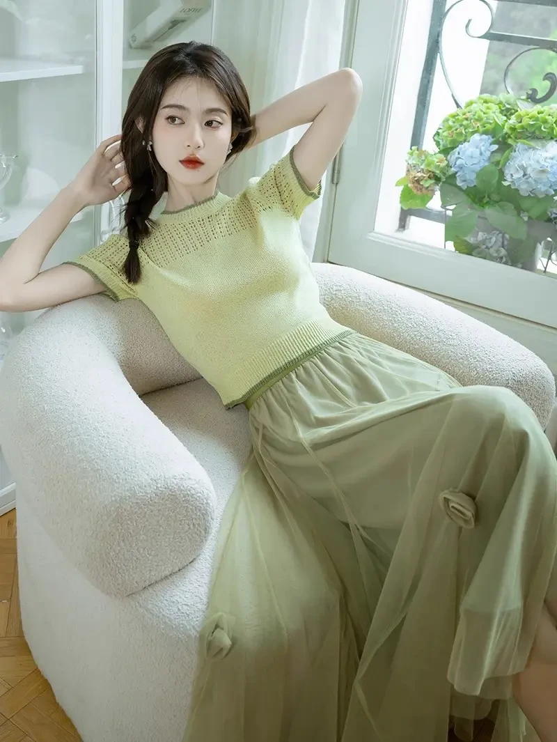 可盐可甜小清新女夏森系穿搭短袖针织上衣搭配网纱半身裙两件套