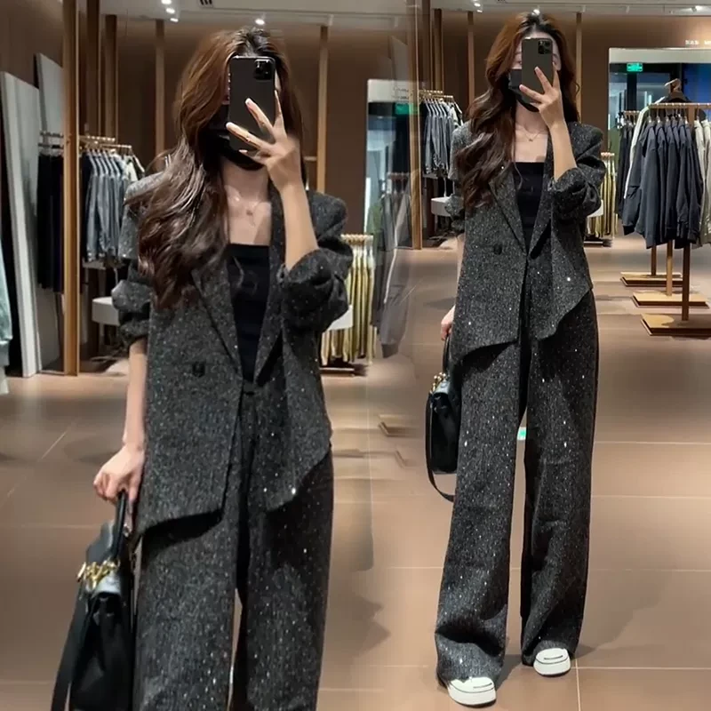 时尚套装女2024年秋季新款小香风洋气显瘦西服外套阔腿裤两件套潮