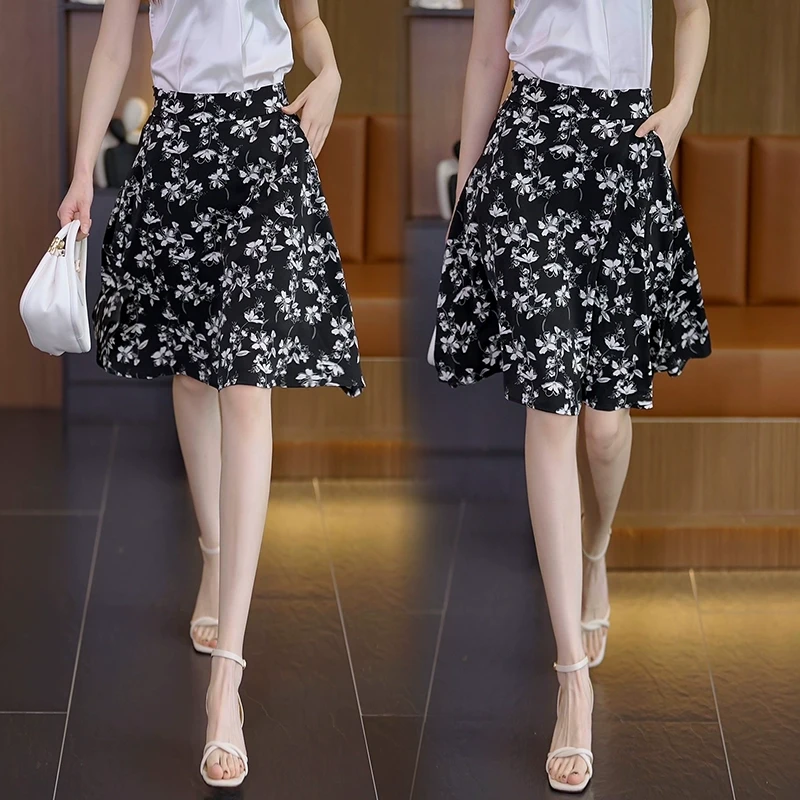 黑色印花半身裙2025夏季高腰显瘦a字伞裙垂感遮胯大摆小个子短裙
