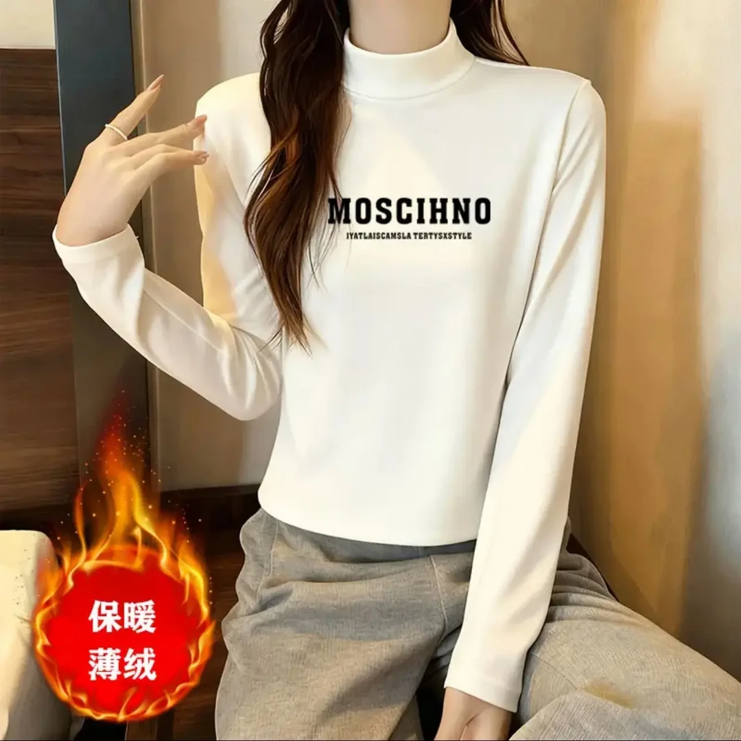 半高领德绒磨毛加厚长袖T恤女秋冬修身显瘦内搭打底衫上衣