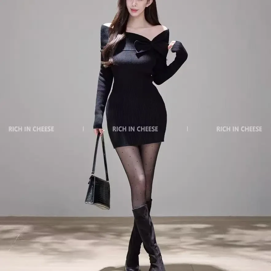 （羞羞大码）秋冬温柔风一字肩蝴蝶结长袖收腰包臀连6065