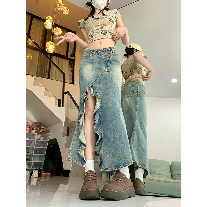 大码复古牛仔半身裙女春秋胖mm高腰显瘦中长款开叉a字包臀鱼尾裙