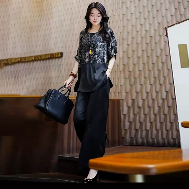 时髦女装轻奢两件套夏季新款大码200斤遮肚显瘦上衣搭阔腿裤套装