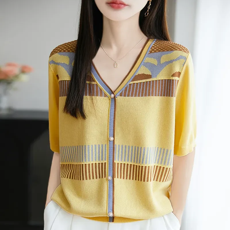 品牌时尚正品夏季新款领拼色针织衫T恤女短袖宽松显瘦百搭上衣