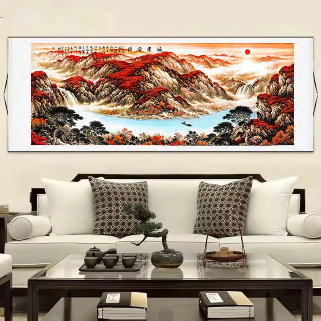 《四尺鸿运当头》带太阳180*72CM横幅客厅沙发茶室办公室山水画