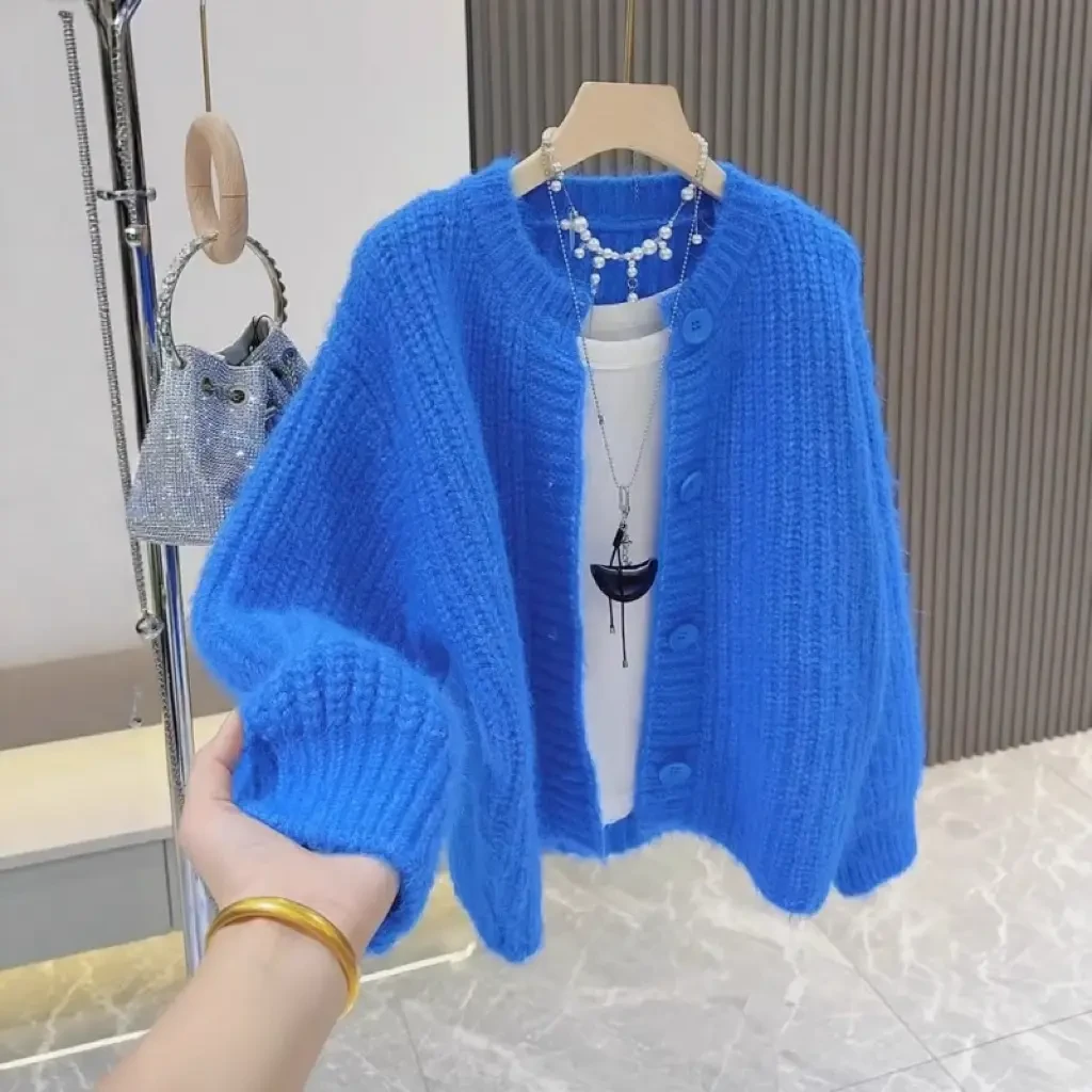 玫红色软糯加厚保暖毛衣开衫外套女秋冬韩版高级感单排扣针织上衣