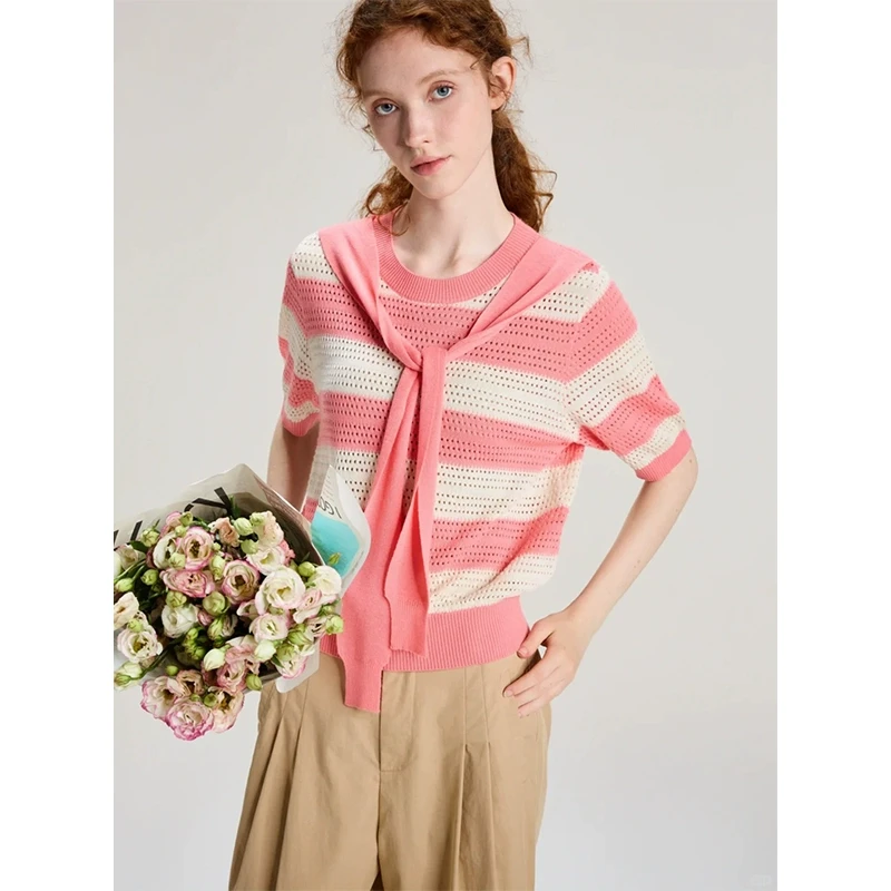 【Fy】绵羊毛镂空条纹百搭时尚毛衫2025春季新款专柜撤柜品牌女装