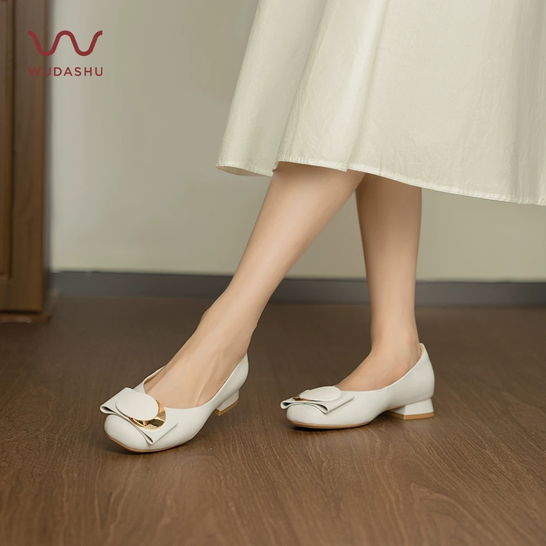 穿高跟鞋的吴大叔夏季浅口方头单鞋真皮时尚百搭低跟舒适平底鞋