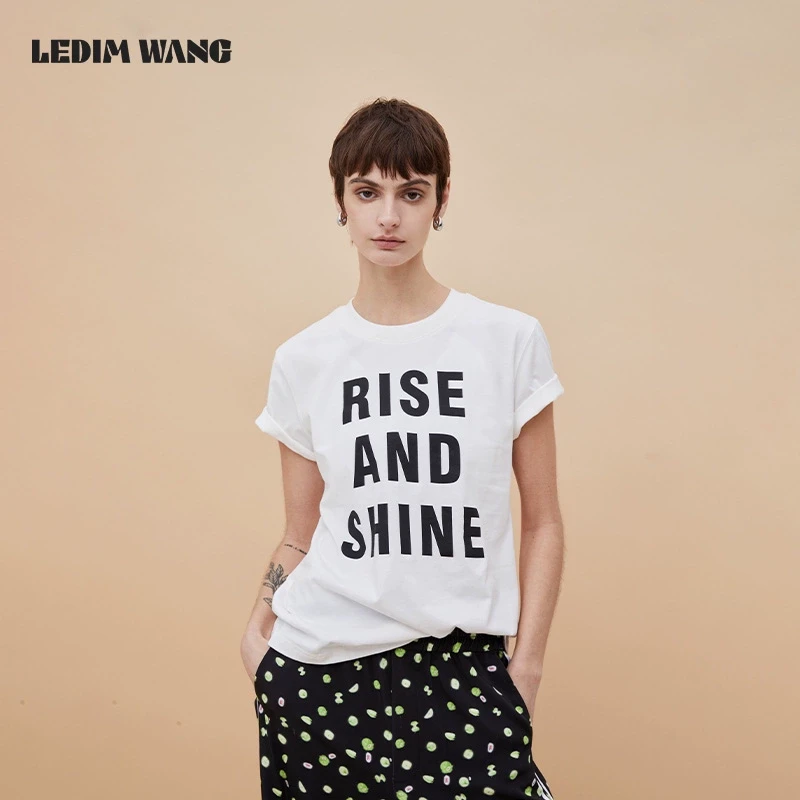 LEDIM WANG字母百搭短袖T恤休闲百搭高级感基础款圆领白色短袖