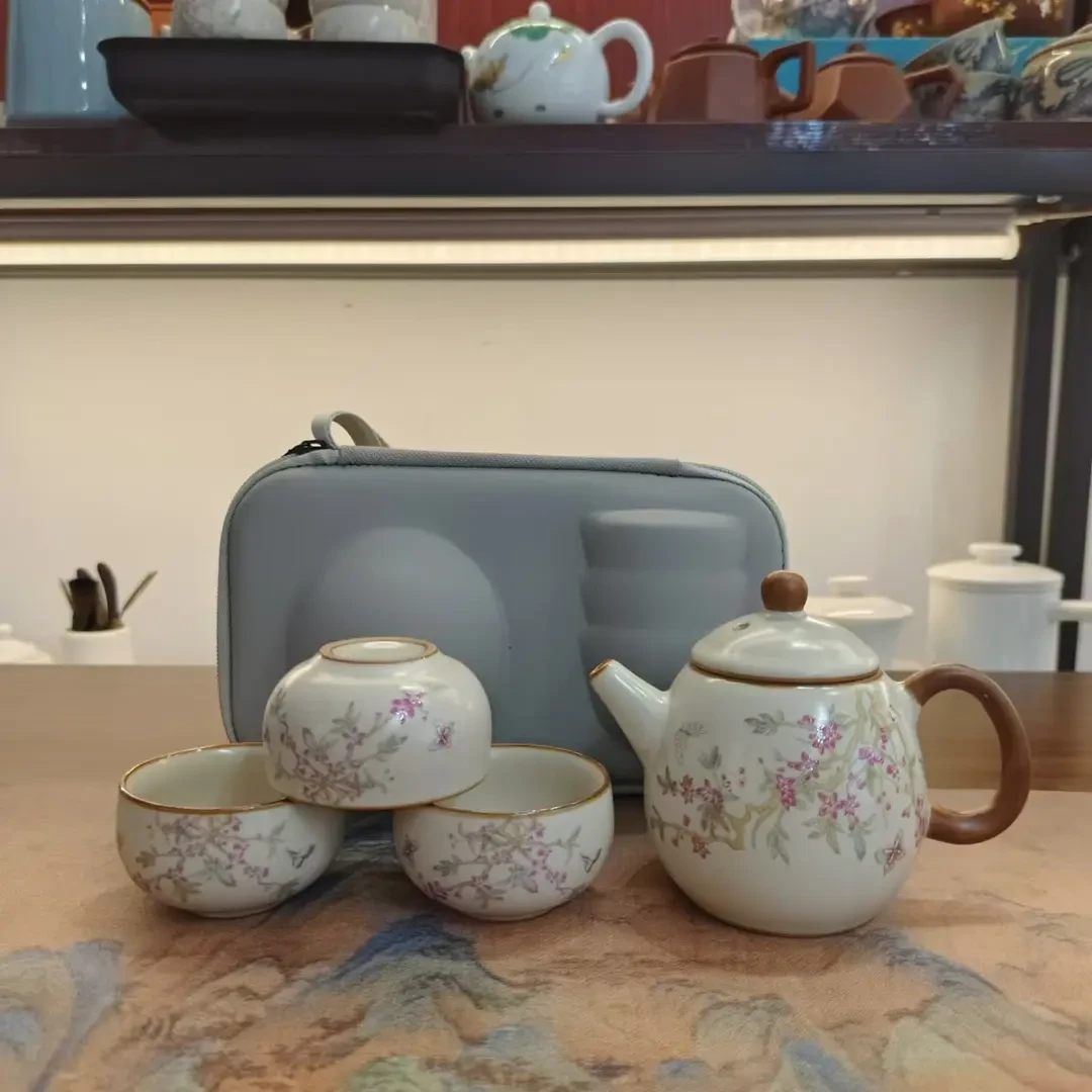一鸣 复古陶瓷米黄汝窑锦上添花一壶三杯旅行茶具快客杯4759