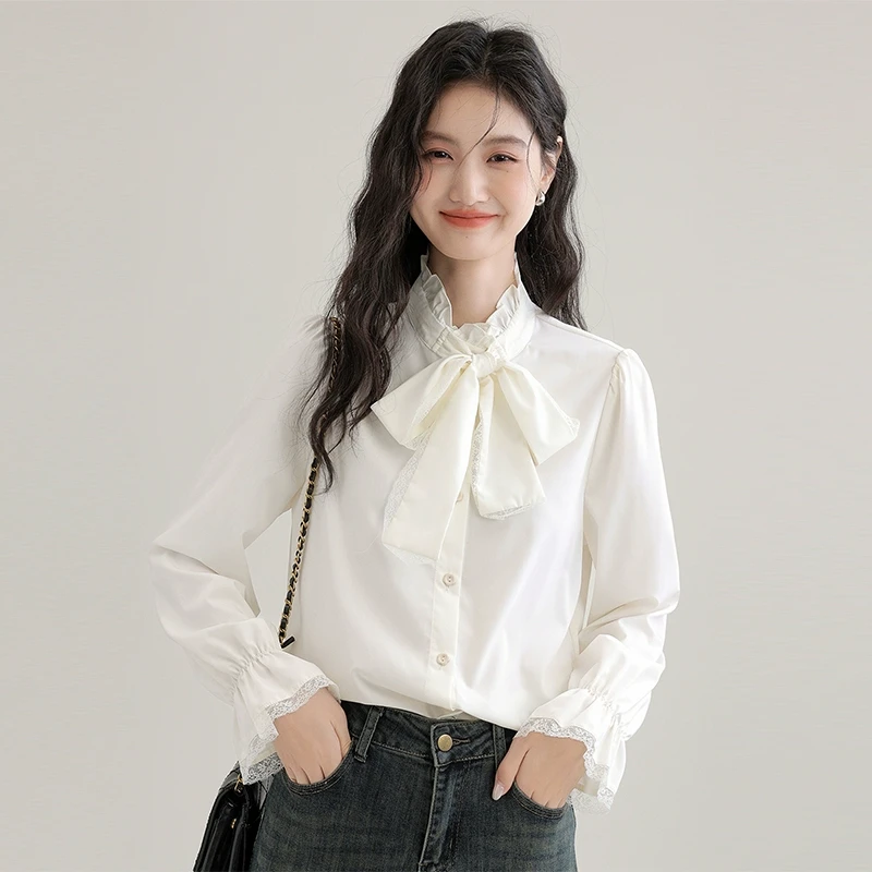 2025春秋新款法式花边领长袖衬衫女宽松内搭打底上衣蝴蝶结衬衣潮