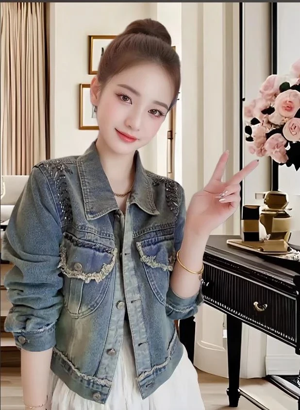 网红韩版春秋上衣设计感短款钉珠毛边长袖牛仔短外套女外套