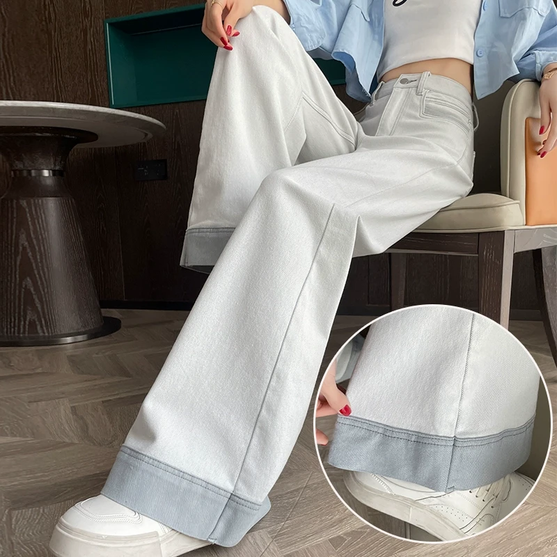 高级灰色宽松阔腿大喇叭牛仔裤女秋季2025年新款撞色拼接白色裤子