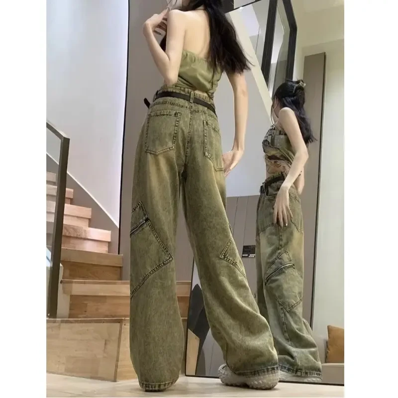 多口袋拉链设计感水洗工装牛仔裤男女宽松阔腿街头潮流个性直筒裤