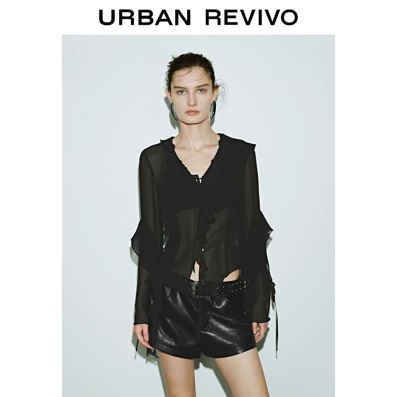 UR2025春季设计感木耳边罩衫女新款不规则衬衫欧若风UYV250004