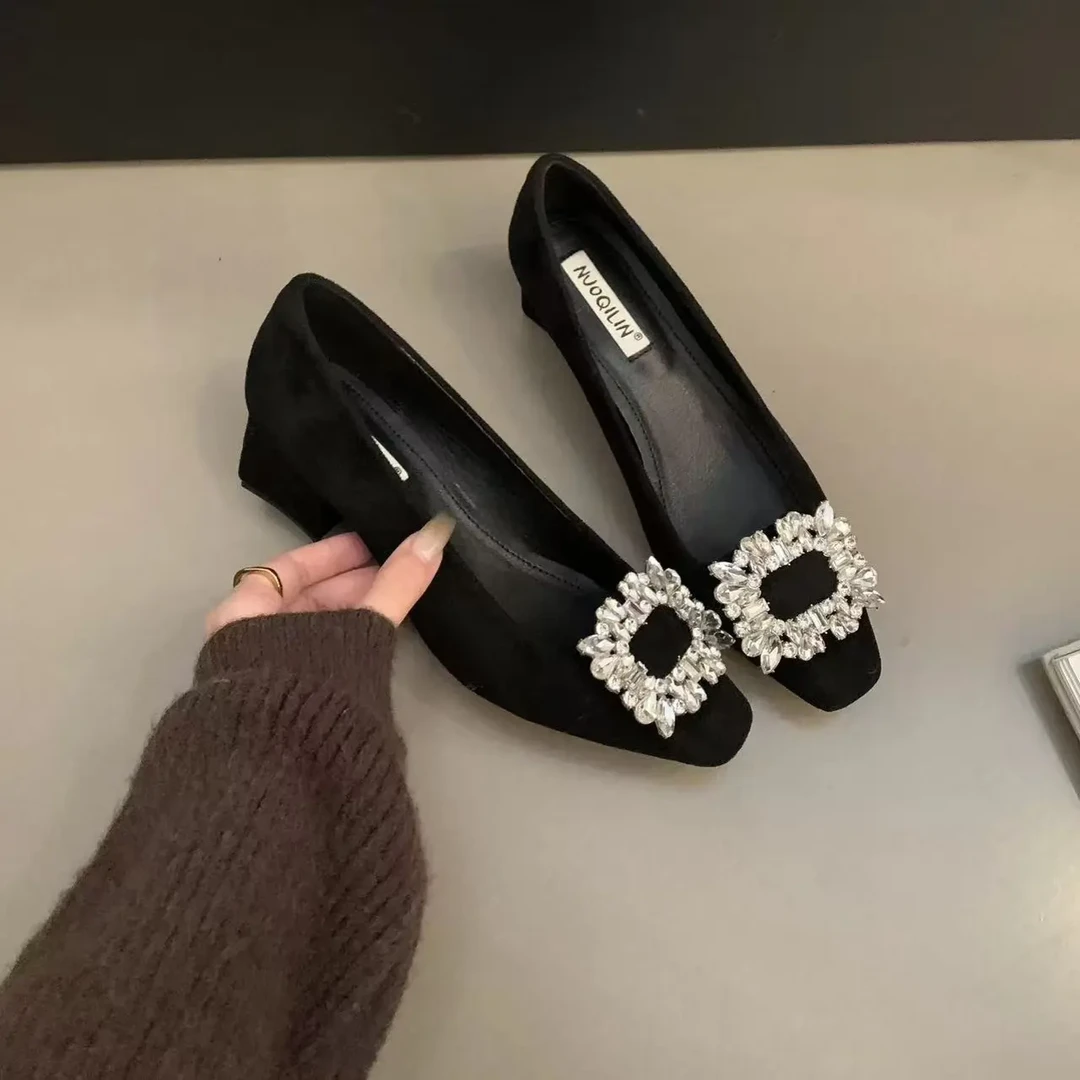 高跟黑色防脏浅口水钻方头单鞋软底跟鞋鞋子瓢鞋气质