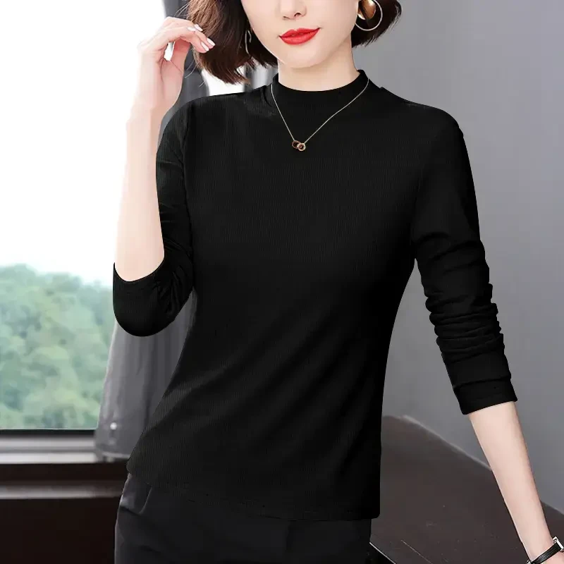 小立领打底衫长袖T恤螺纹德绒保暖加厚秋半高修身妈妈装内搭上衣