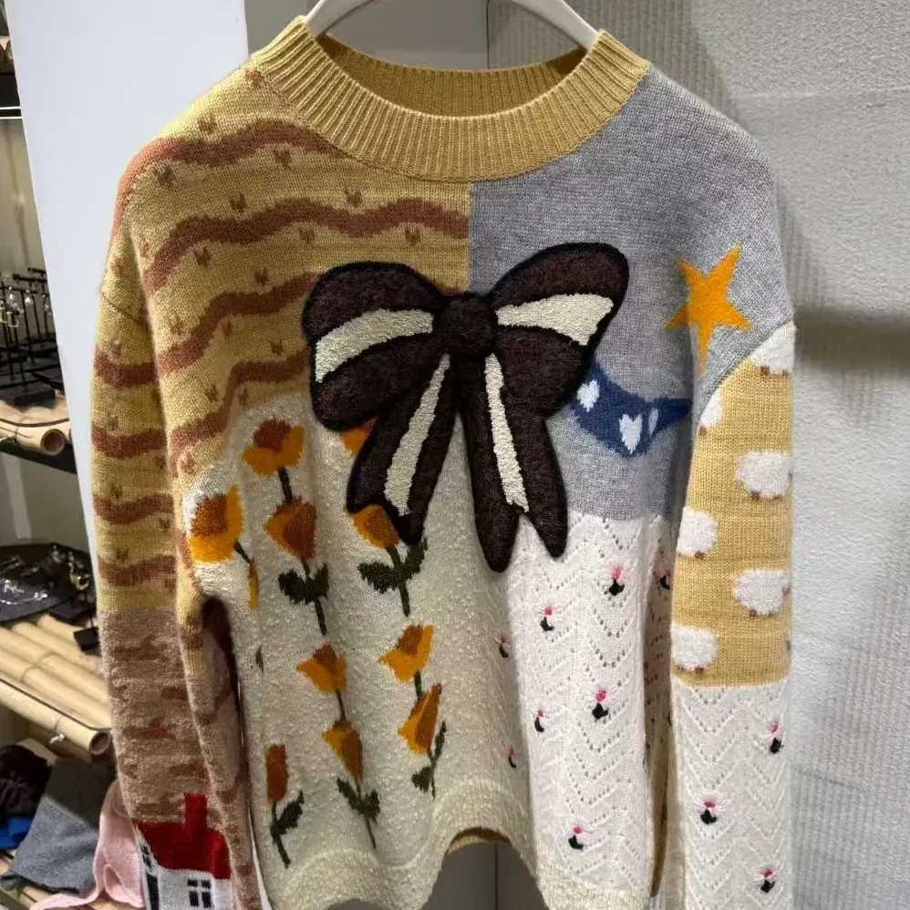 女装 26春夏新款趣味撞色拼花蝴蝶结套头休闲慵懒风毛衫