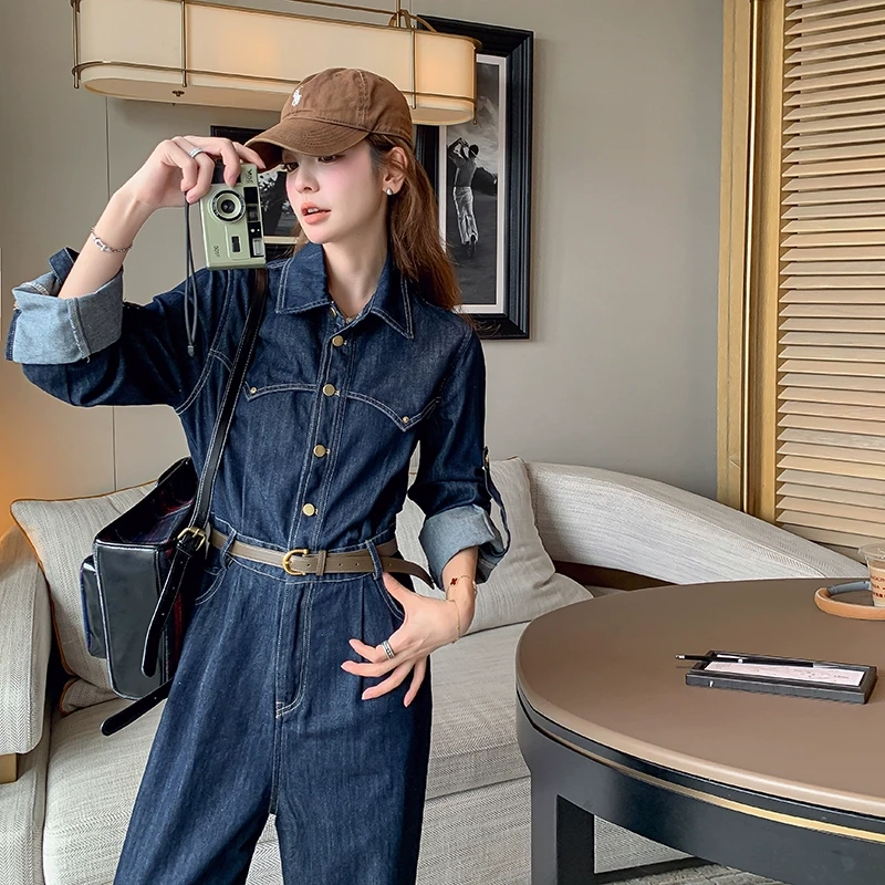 工装牛仔连体裤女春秋2025年新款港风复古高腰显瘦休闲连身裤套装